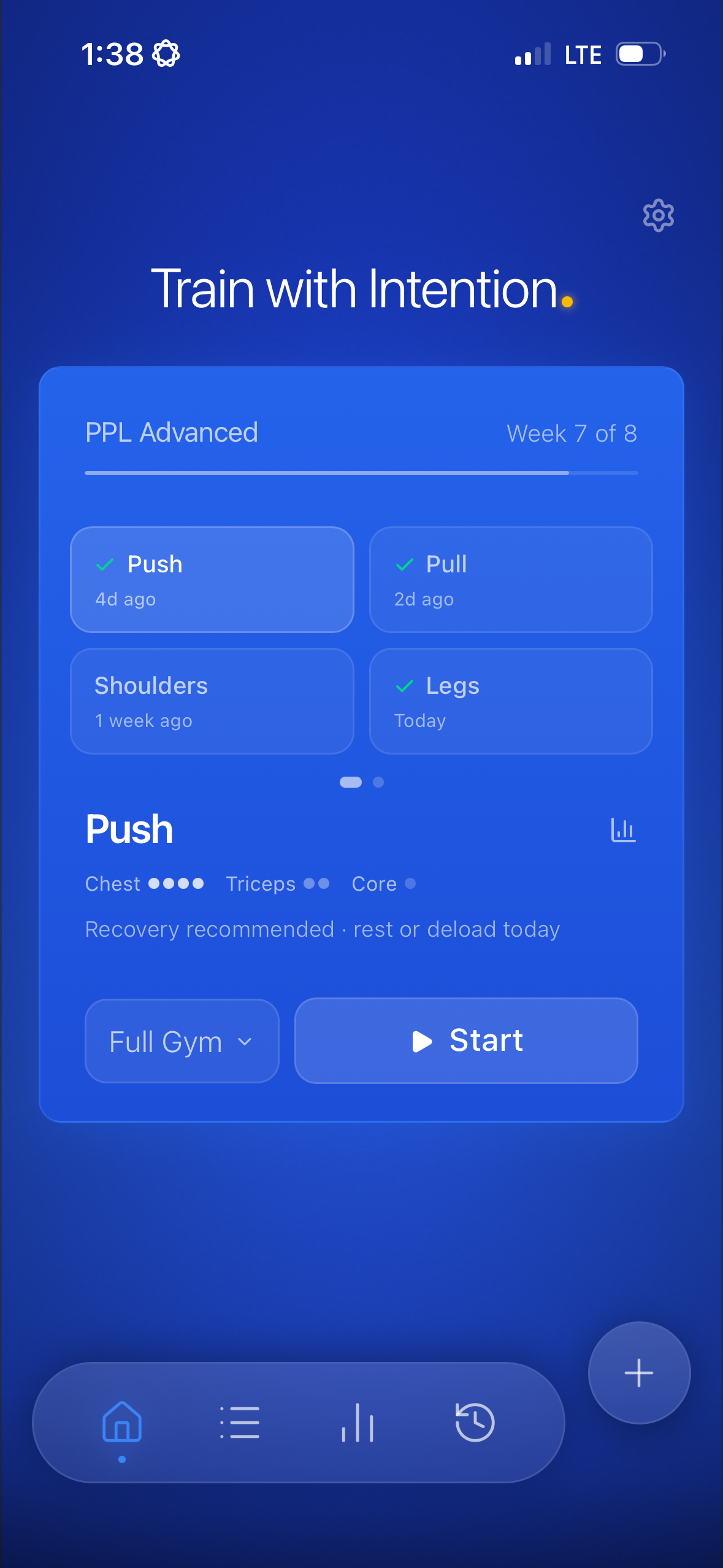 Kenso home screen showing program tracking and workout selection
